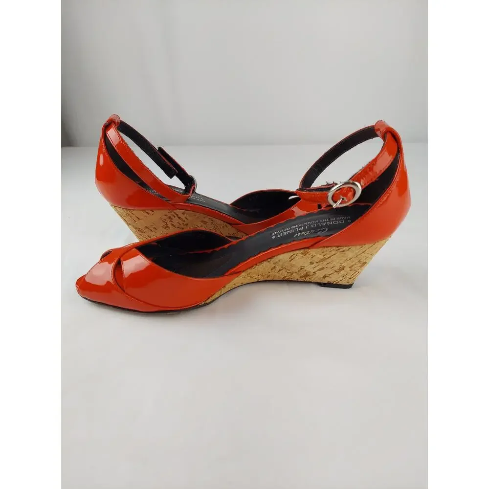 Donald J Pliner Couture Red Strap Peep Toe Cork Wedge Made in Italy 6.5